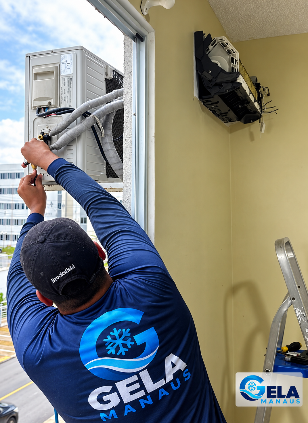 Técnico verificando conexões da unidade externa